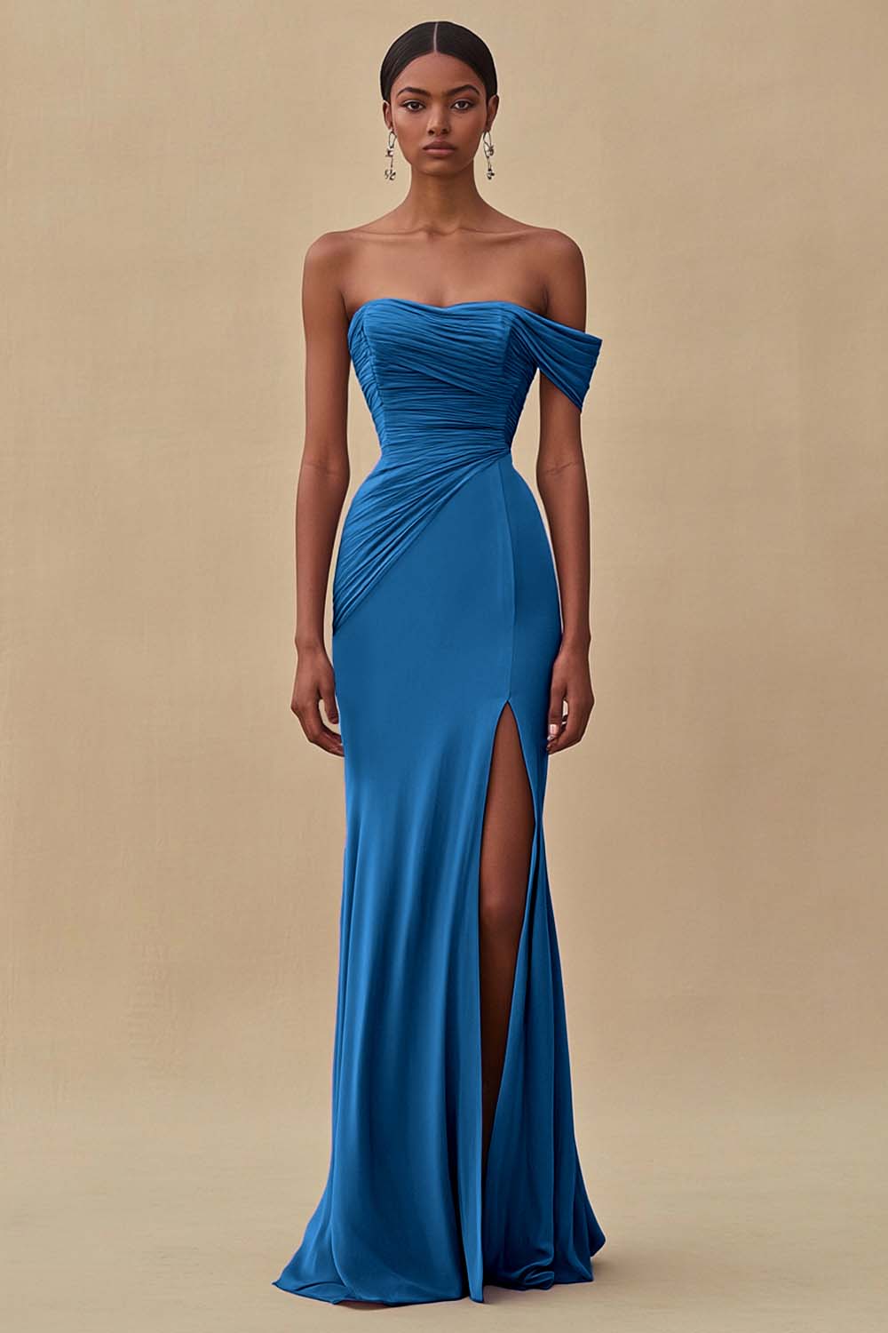 Eucalyptus Chiffon Ruched Sheath Formal Dress with Slit