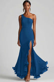 Ink Blue Mermaid Ruffled Chiffon Long Formal Dress with Slit