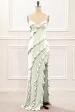 Dusty Rose Sheath Spaghetti Straps Long Bridesmaid Dress with Ruffles