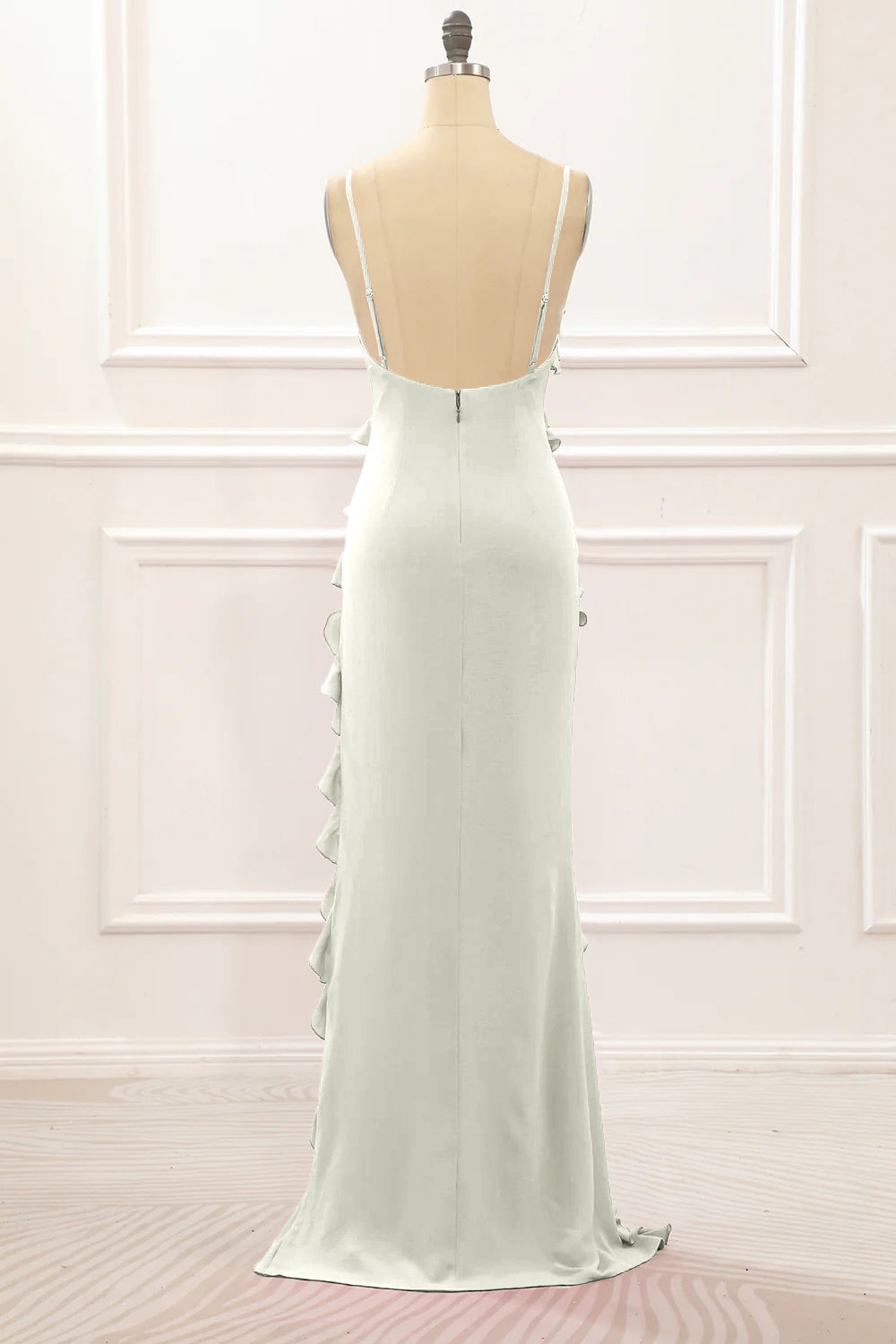 Dusty Rose Sheath Spaghetti Straps Long Bridesmaid Dress with Ruffles