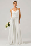 Ivory A-Line Spaghetti Straps Pleated Long Bridesmaid Dress With Lace