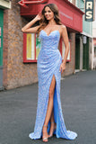 Sparkly Sequins Sweetheart Sheath Light Blue Prom Dress with Slit