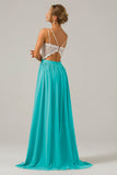 Ivory A-Line Spaghetti Straps Pleated Long Bridesmaid Dress With Lace
