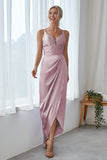 Dusty Rose Satin Irregular Sheath Long Bridesmaid Dress