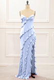 Dusty Rose Sheath Spaghetti Straps Long Bridesmaid Dress with Ruffles