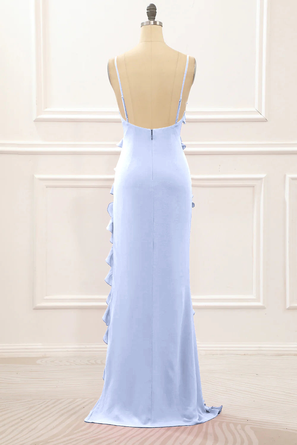 Dusty Rose Sheath Spaghetti Straps Long Bridesmaid Dress with Ruffles