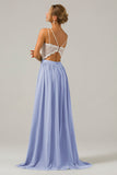 Eucalyptus A-Line Spaghetti Straps Pleated Long Bridesmaid Dress With Lace