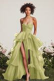 A Line Green Sweetheart Ruffled Maxi Formal Dress with Slit