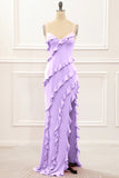 Lilac Sheath Spaghetti Straps Long Bridesmaid Dress with Ruffles