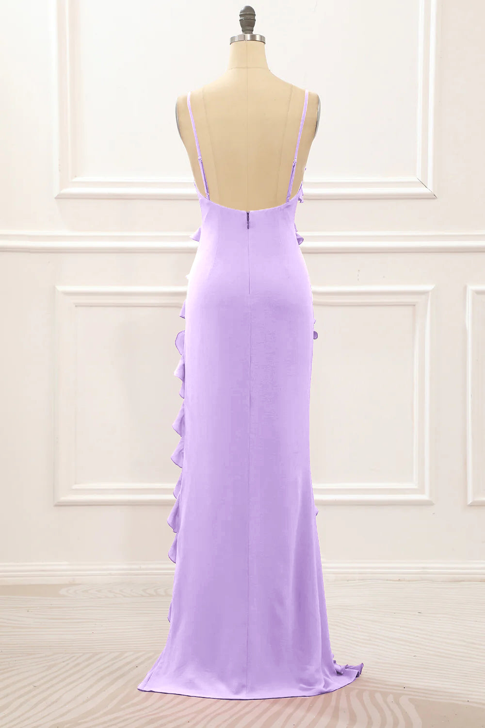 Lilac Sheath Spaghetti Straps Long Bridesmaid Dress with Ruffles