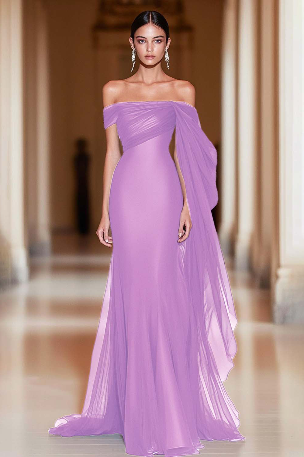 Cabernet Off the Shoulder Sheath Maxi Formal Dress with Ruffles