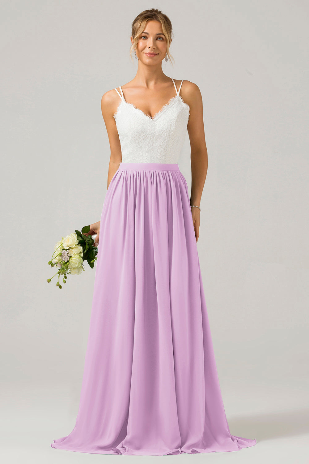 Ivory A-Line Spaghetti Straps Pleated Long Bridesmaid Dress With Lace