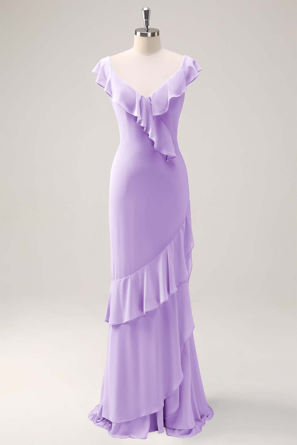 Blush Pink Mermaid V-Neck Chiffon Maxi Bridesmaid Dress with Ruffles