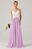 Ivory A-Line Spaghetti Straps Pleated Long Bridesmaid Dress With Lace