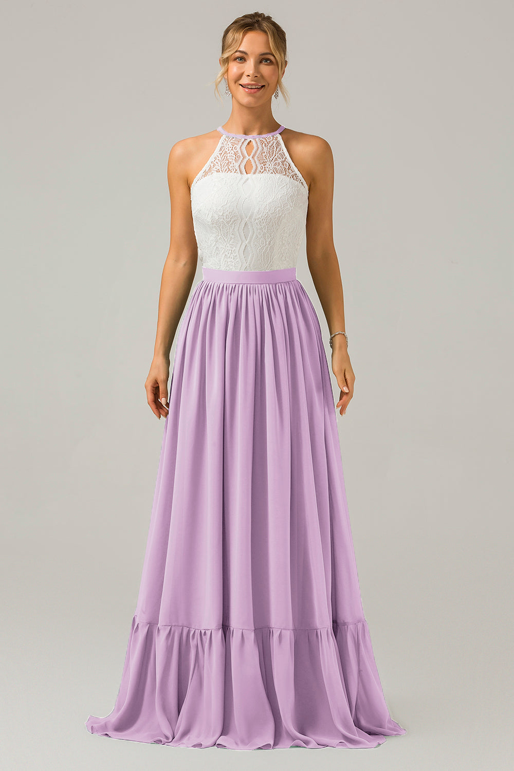 Ivory A-Line Halter Pleated Keyhole Chiffon Bridesmaid Dress With Lace