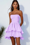 Lilac Ruched Tiered Mini Graduation Dress with Ruffles