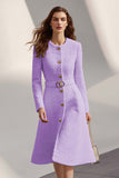 Tweed Ivory Long Sleeves Round Neck Midi Work Dress with Belt