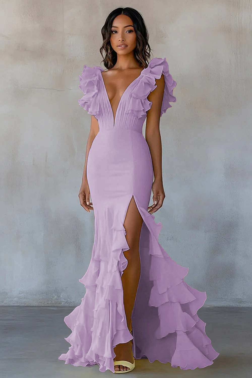 Dusty Rose Chiffon V Neck Ruffled Mermaid Maxi Formal Dress with Slit