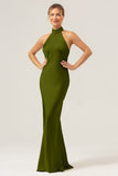 Dark Green Mermaid Halter Bridesmaid Dress with Slit