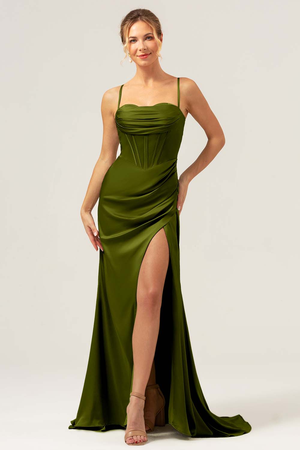 Dark Green Mermaid Satin Sweep Train Bridesmaid Dress with Slit