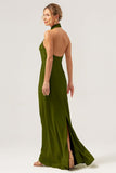 Dark Green Mermaid Halter Bridesmaid Dress with Slit