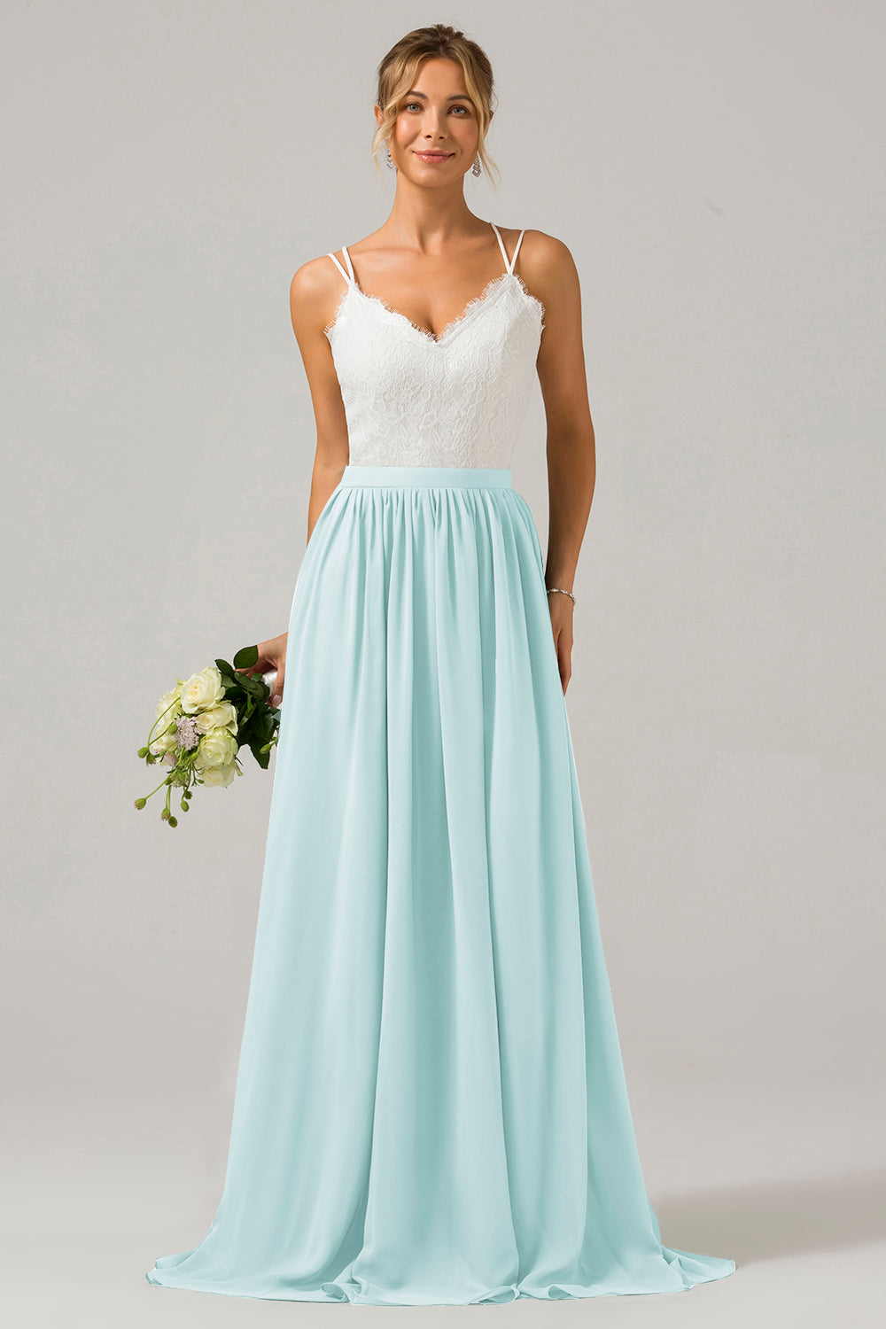 Ivory A-Line Spaghetti Straps Pleated Long Bridesmaid Dress With Lace