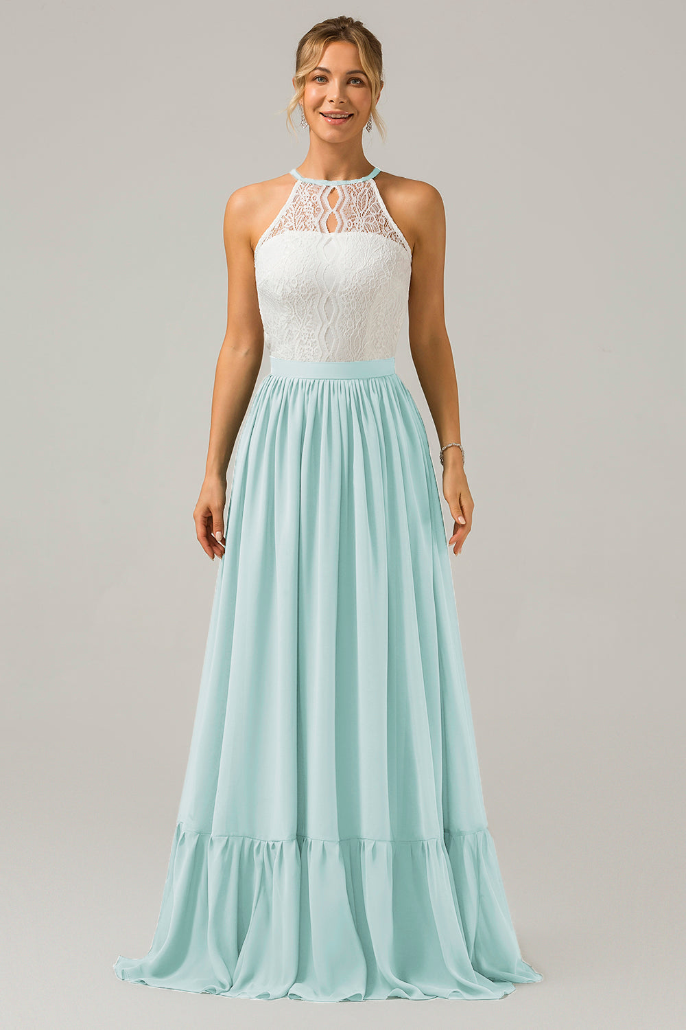 Ivory A-Line Halter Pleated Keyhole Chiffon Bridesmaid Dress With Lace