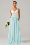 Ivory A-Line Spaghetti Straps Pleated Long Bridesmaid Dress With Lace