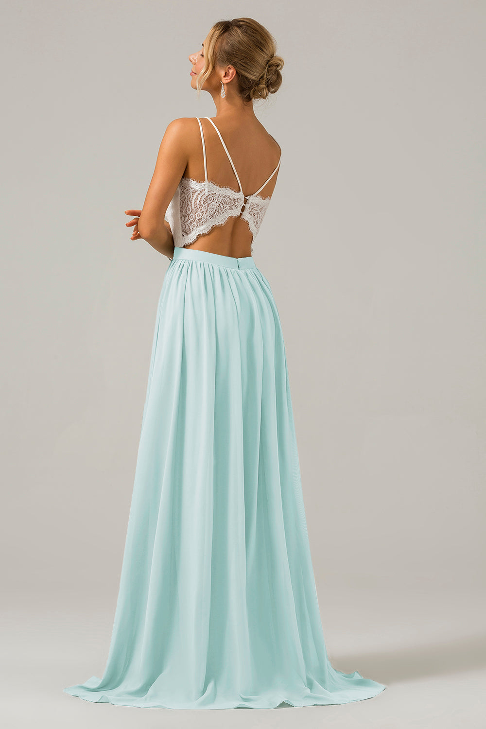 Ivory A-Line Spaghetti Straps Pleated Long Bridesmaid Dress With Lace