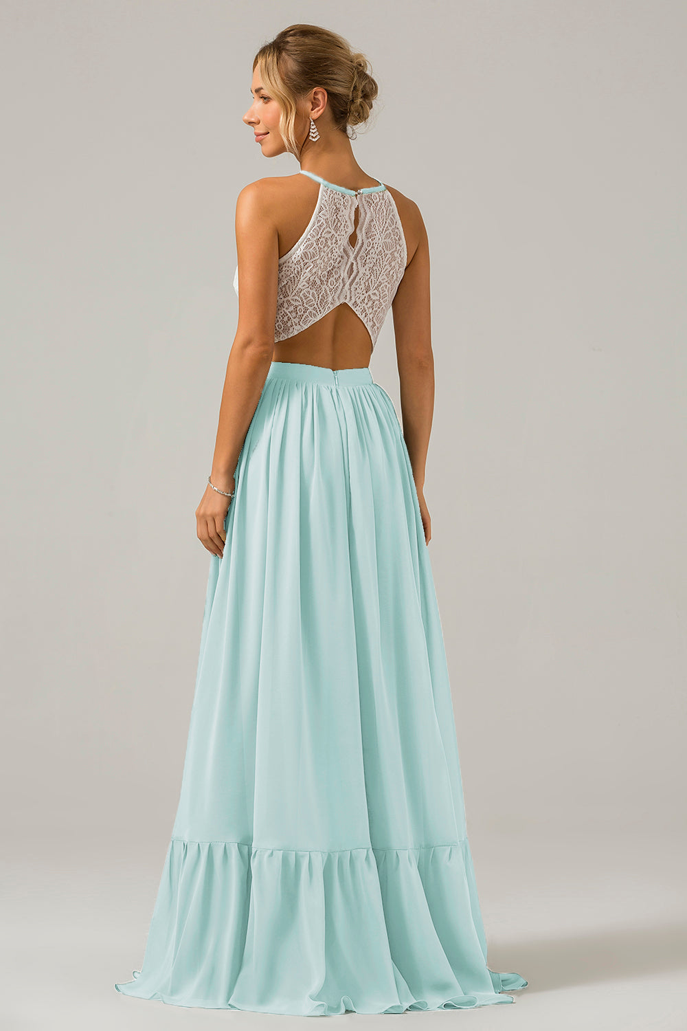 Ivory A-Line Halter Pleated Keyhole Chiffon Bridesmaid Dress With Lace