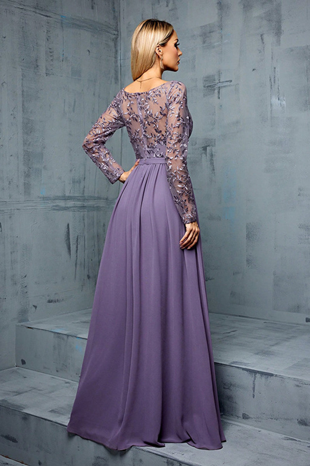 Grey Purple V Neck Illusion Neckline Chiffon A Line Wedding Guest Dress