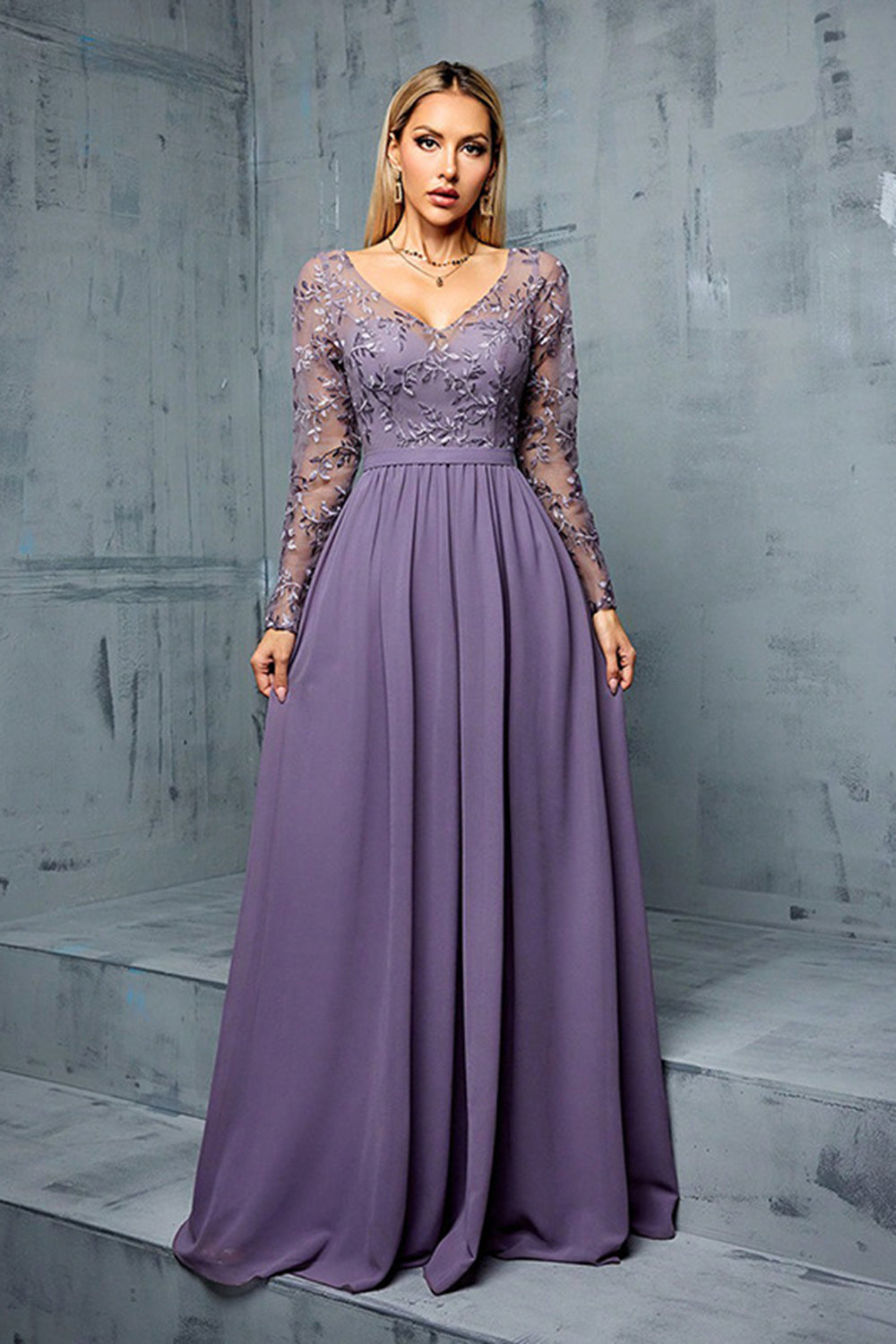 Grey Purple V Neck Illusion Neckline Chiffon A Line Wedding Guest Dress