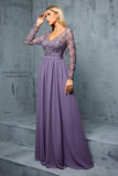 Grey Purple V Neck Illusion Neckline Chiffon A Line Wedding Guest Dress