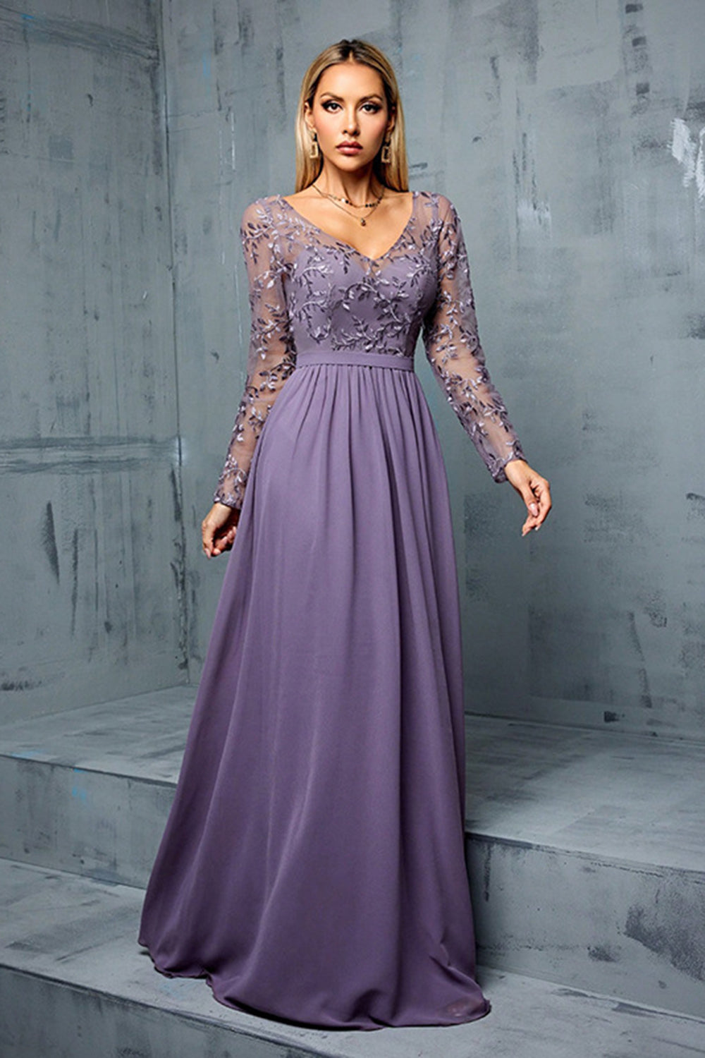 Grey Purple V Neck Illusion Neckline Chiffon A Line Wedding Guest Dress