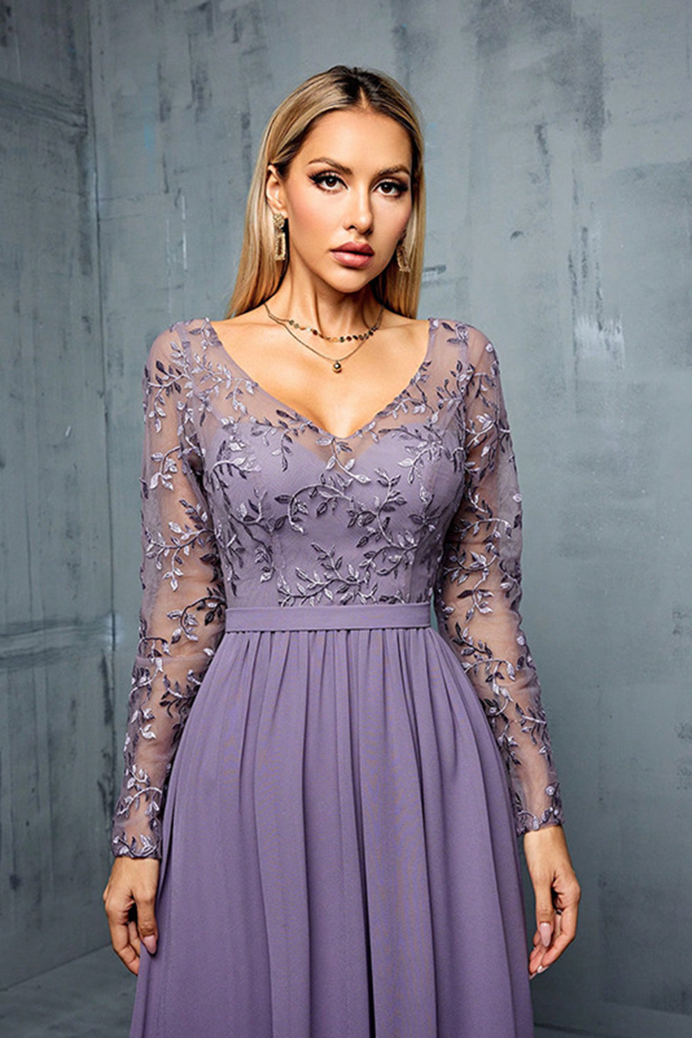 Grey Purple V Neck Illusion Neckline Chiffon A Line Wedding Guest Dress