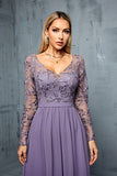 Grey Purple V Neck Illusion Neckline Chiffon A Line Wedding Guest Dress