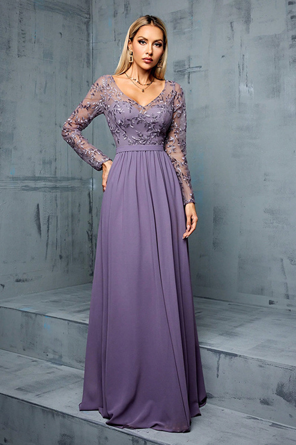 Grey Purple V Neck Illusion Neckline Chiffon A Line Wedding Guest Dress
