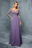 Grey Purple V Neck Illusion Neckline Chiffon A Line Wedding Guest Dress