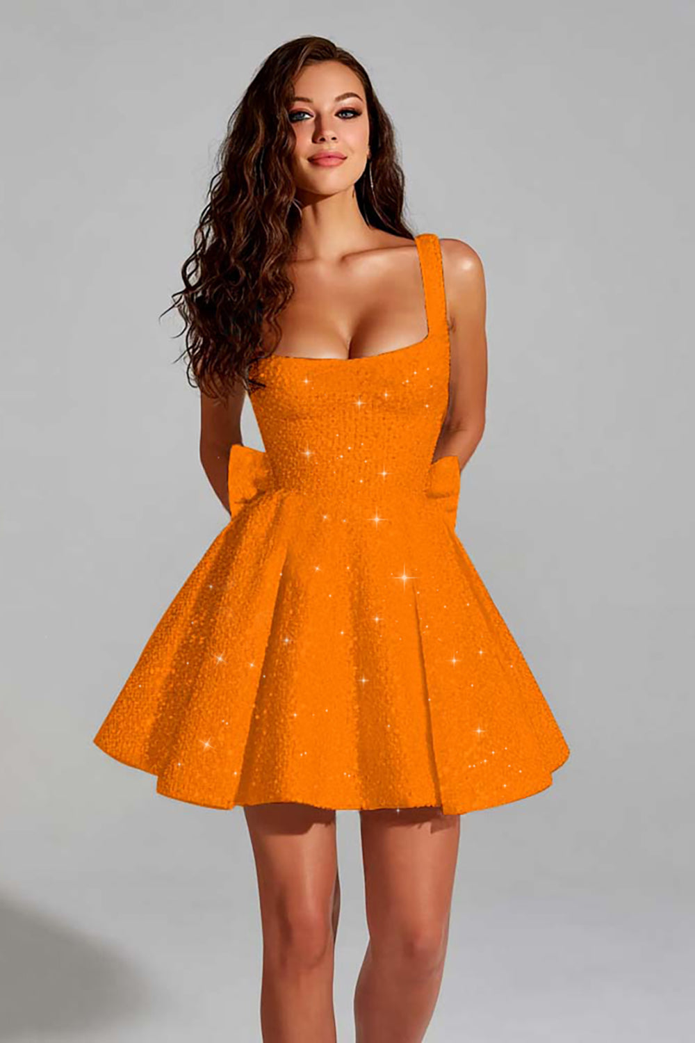 Sparkly Red A Line Square Neck Sequin Cocktail Dress with Bow