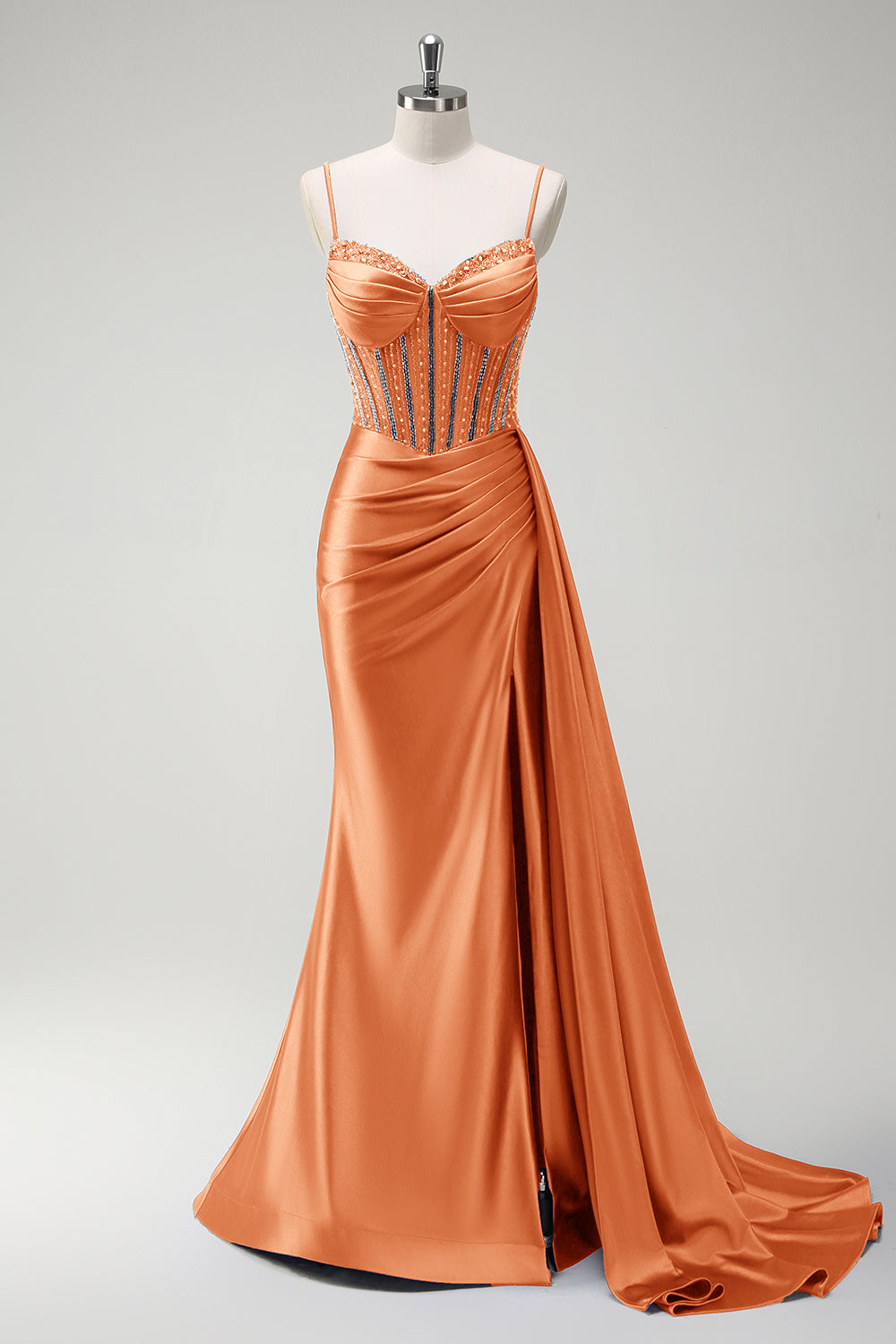 Sage Beaded Corset Side Cape Mermaid Satin Prom Dress with Slit
