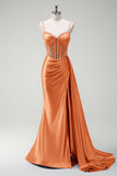 Sage Beaded Corset Side Cape Mermaid Satin Prom Dress with Slit
