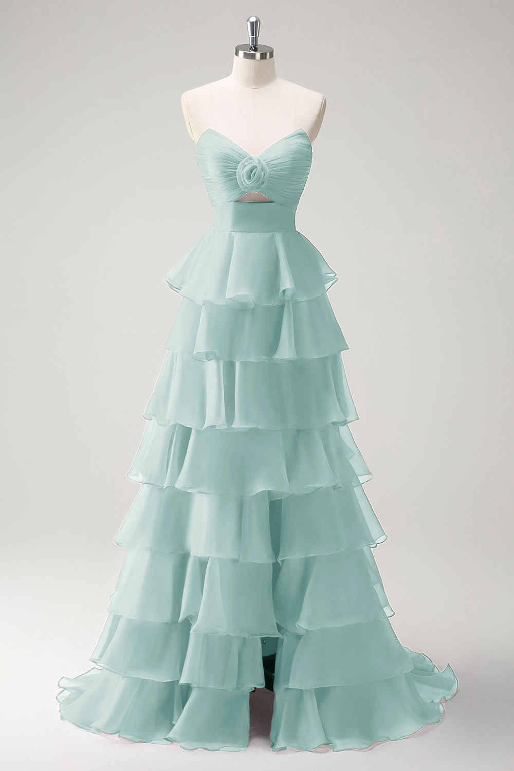 Orange Strapless Tiered Ruffle Cut Out A-Line Prom Dress with Slit