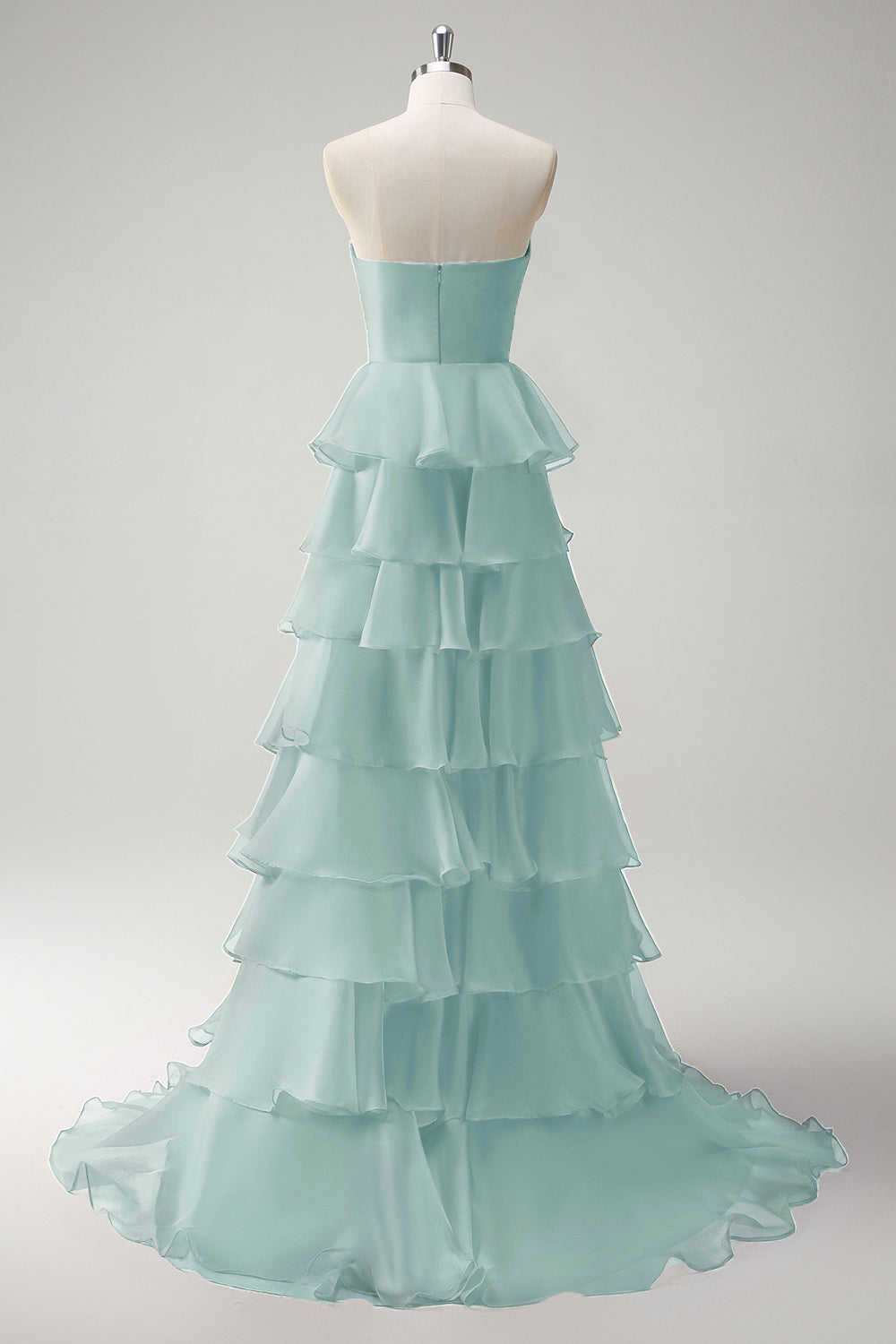 Orange Strapless Tiered Ruffle Cut Out A-Line Prom Dress with Slit