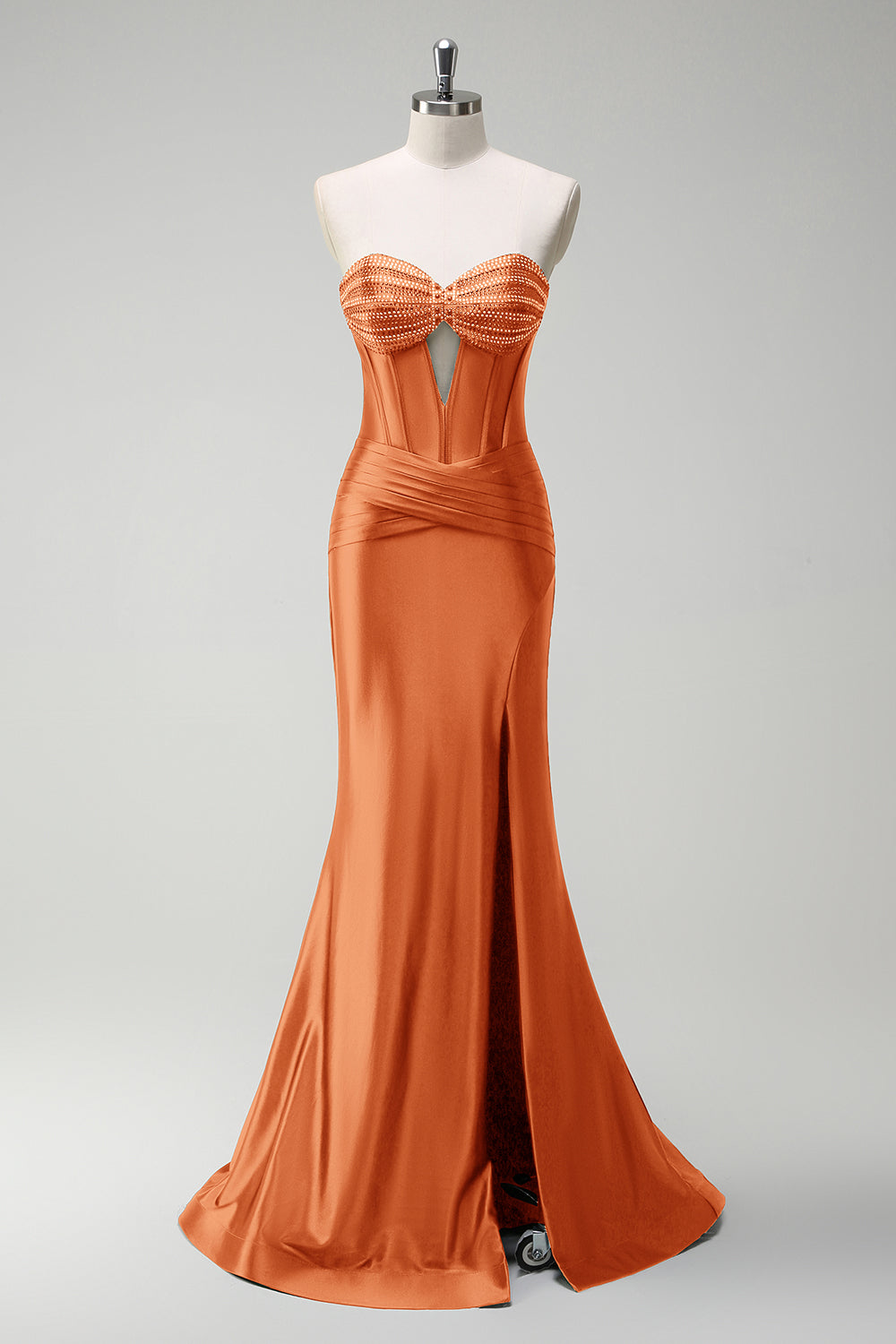 Gorgeous Sage Mermaid Corset Beaded Keyhole Satin Prom Dress with Slit