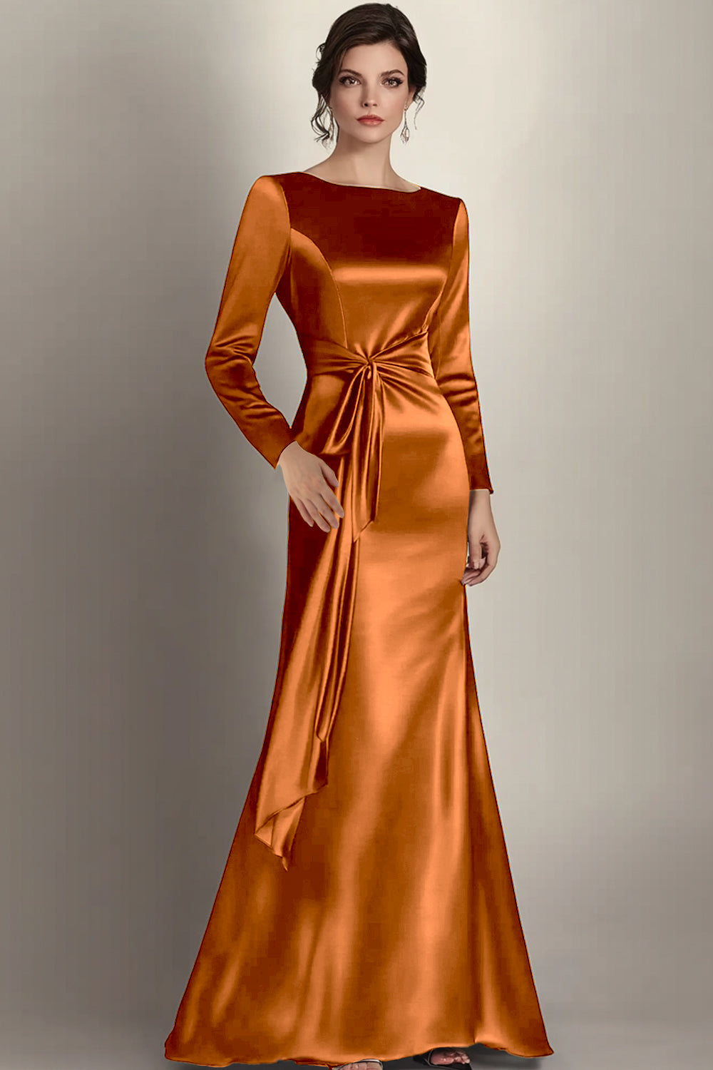 Satin Mermaid Terracotta Long Sleeves Mother of the Bride Dress with Sash