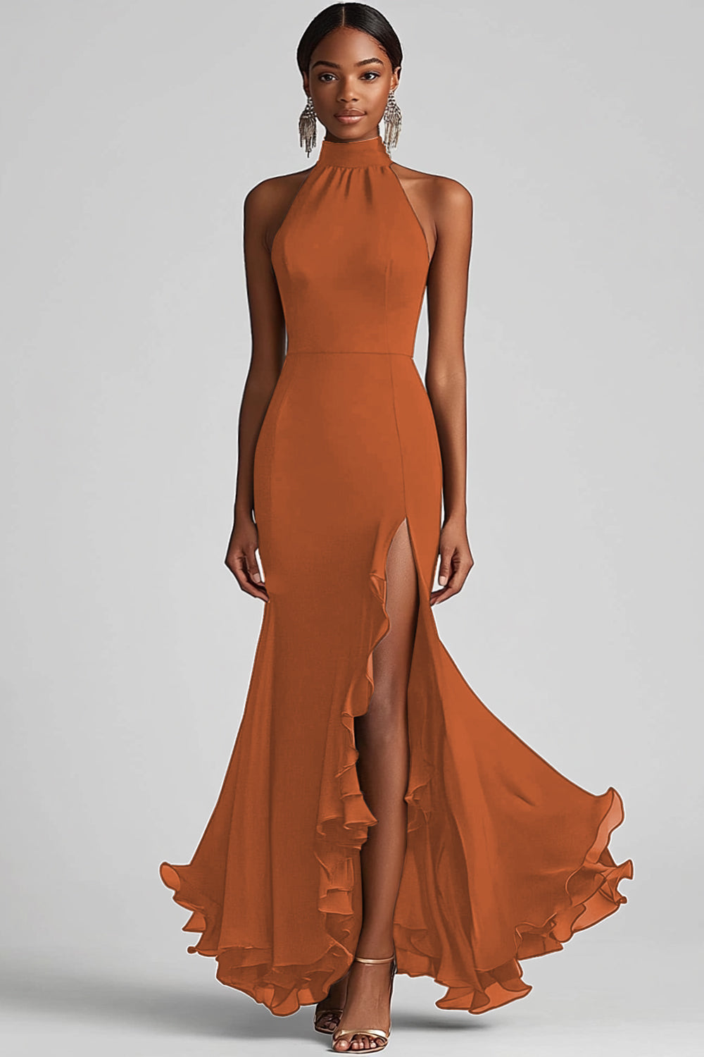 Leely Women Elegant Terracotta Halter Sheath Formal Dress with Slit Ruffled Sleeveless Evening Dress