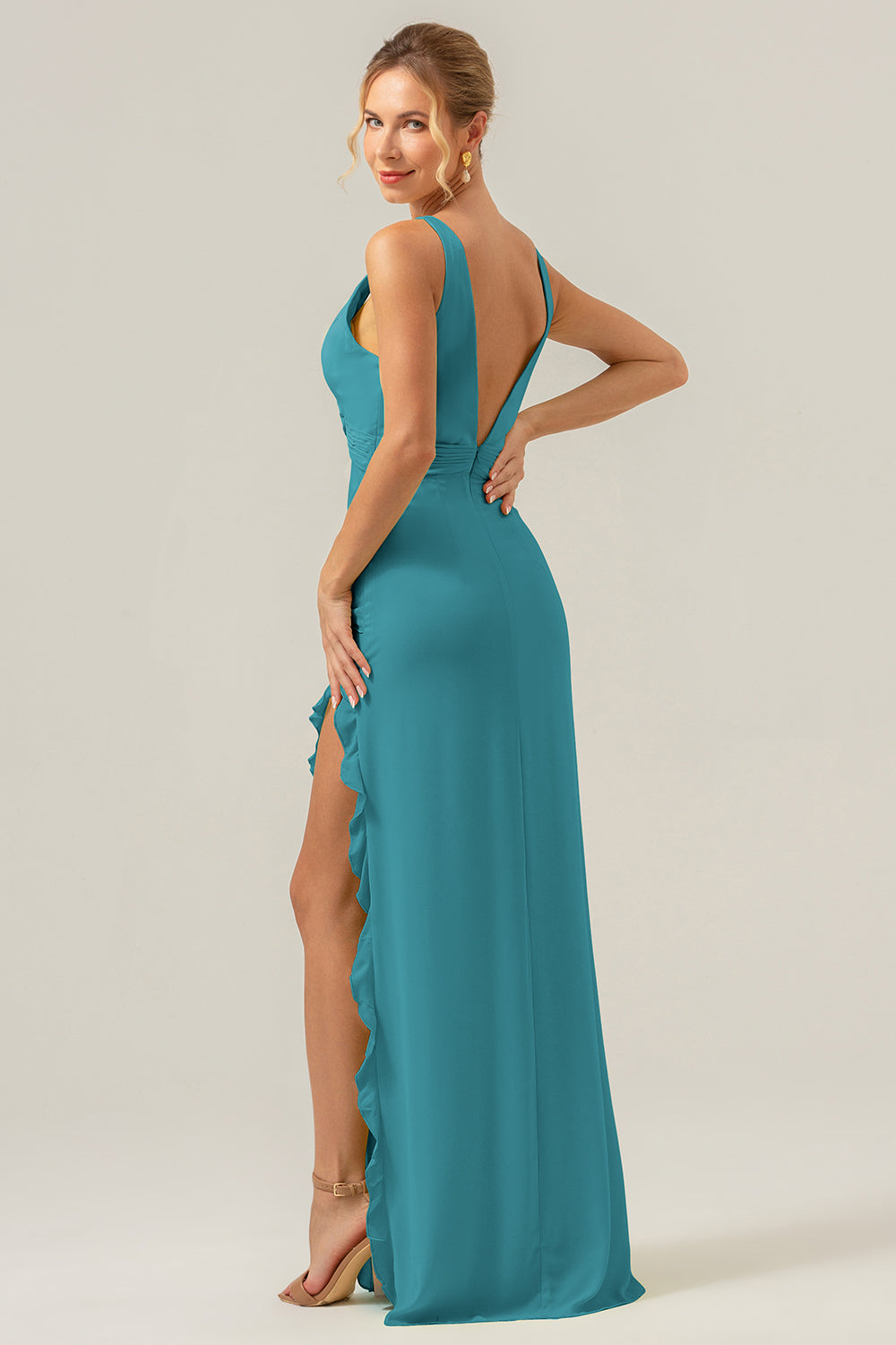 Peacock V Neck Ruffled Backless Bridesmaid Dress with Slit