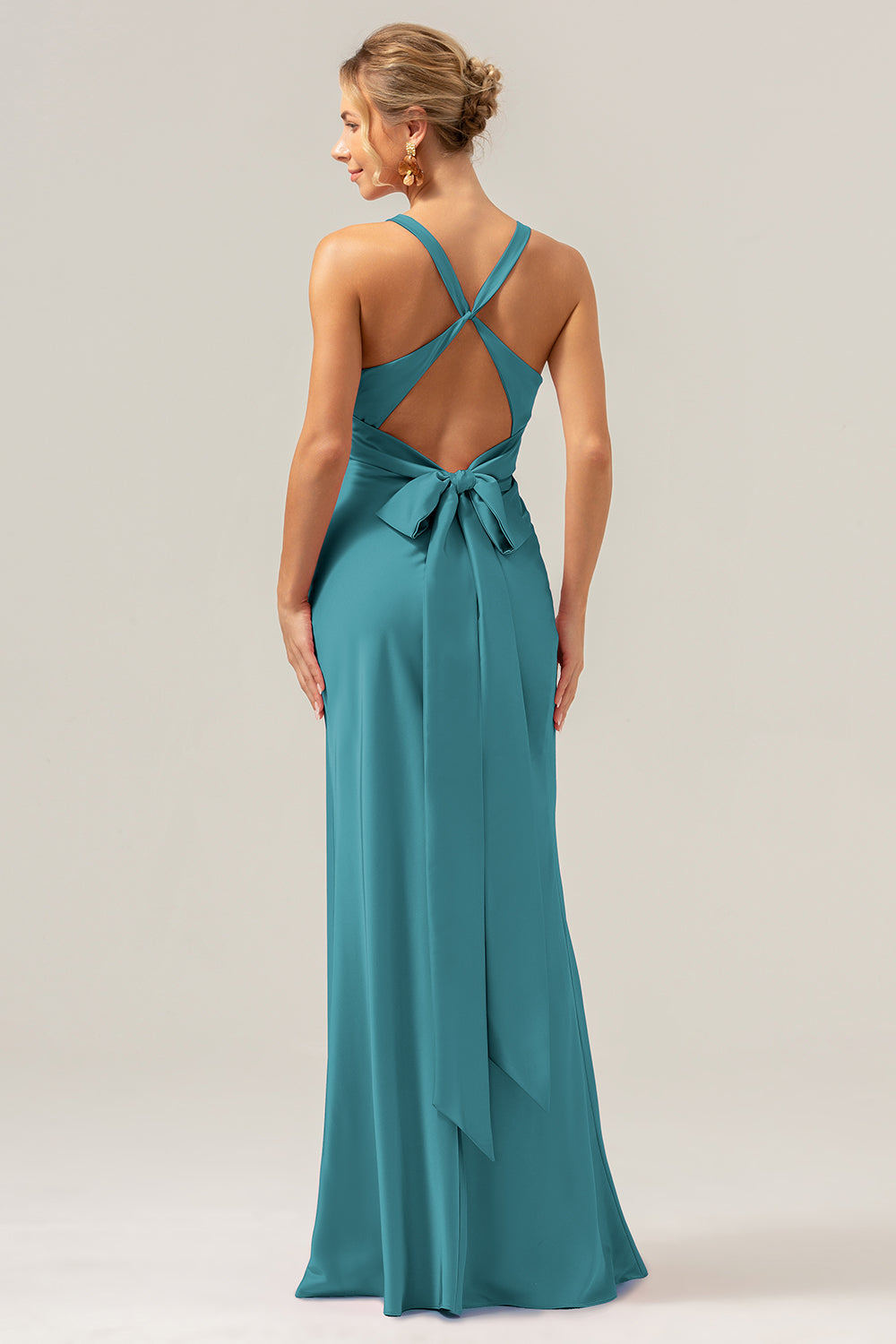 Peacock Front Twist Mermaid Satin Bridesmaid Dress with Bow
