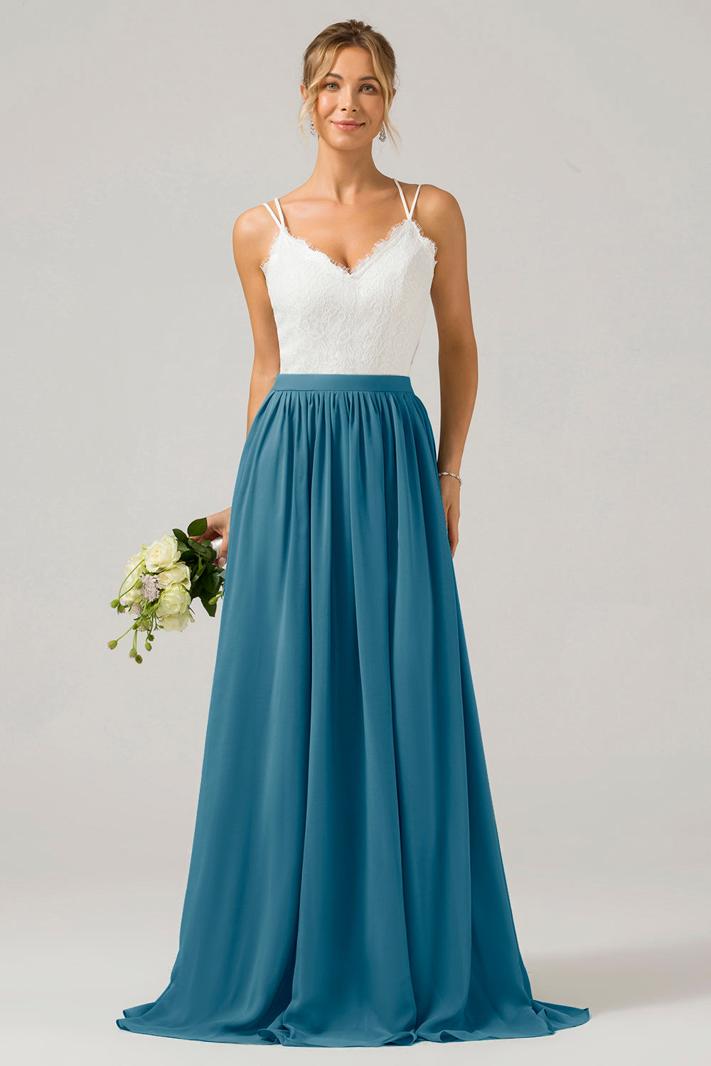 Ivory A-Line Spaghetti Straps Pleated Long Bridesmaid Dress With Lace