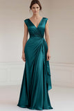 Peacock V-Neck Sleeveless Sheath Ruffled Long Formal Dress